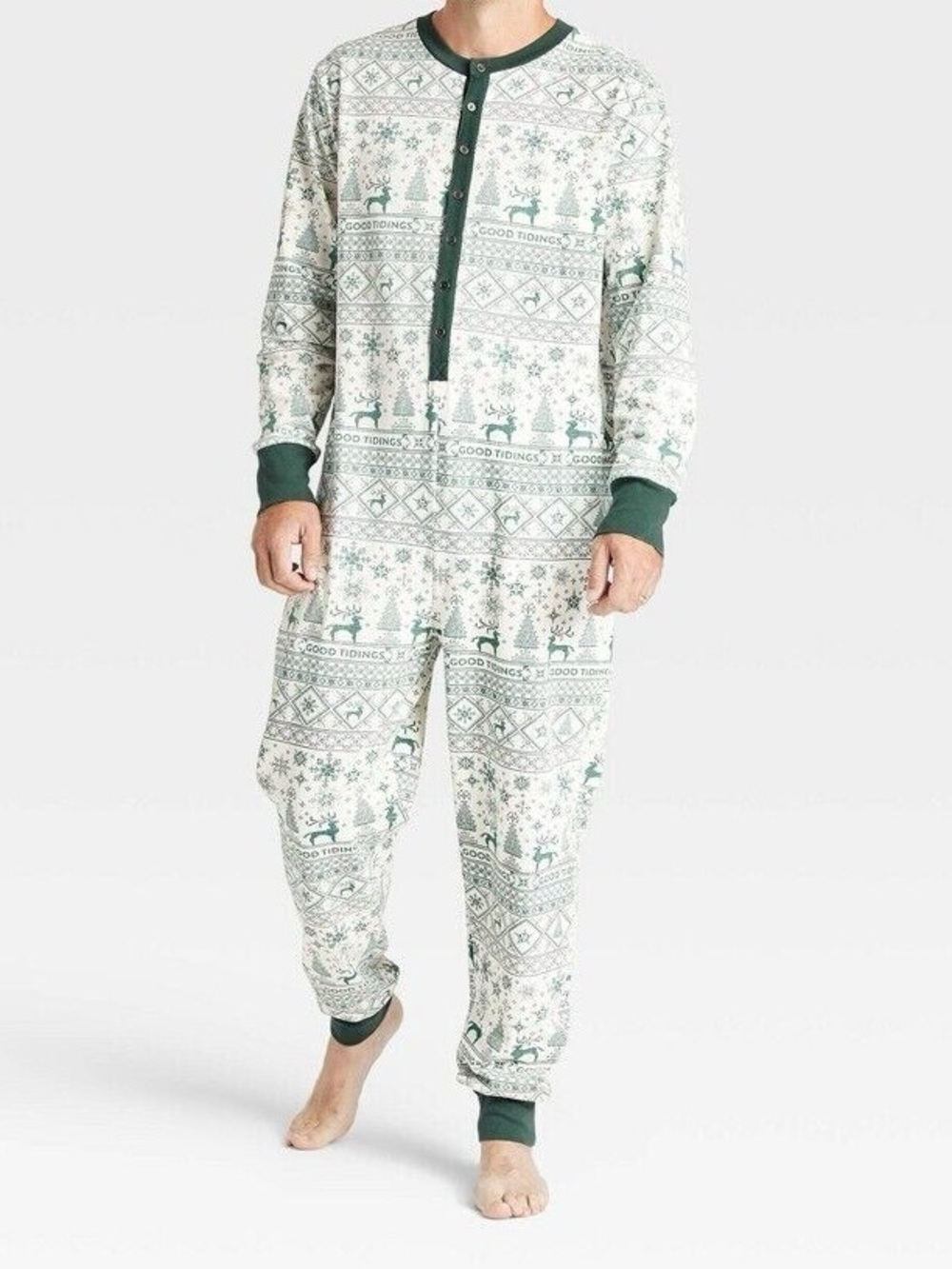 Magnolia Cream and Green Fair Isle One-Piece Pajama Jumpsuit